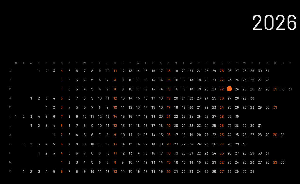 Wireframe minimalista de una retícula anual continua para Zeitleiste Kalendar